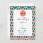 Monogram Koraal Roze en Blauwgroen Zigzag Sparen d Aankondigingskaart (Voorkant / Achterkant)