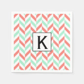 Monogram Koraal Roze en Mint Groene Herringbone Servetten (Voorkant)