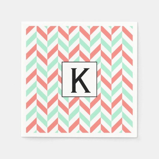 Monogram Koraal Roze en Mint Groene Herringbone Servetten (Voorkant)