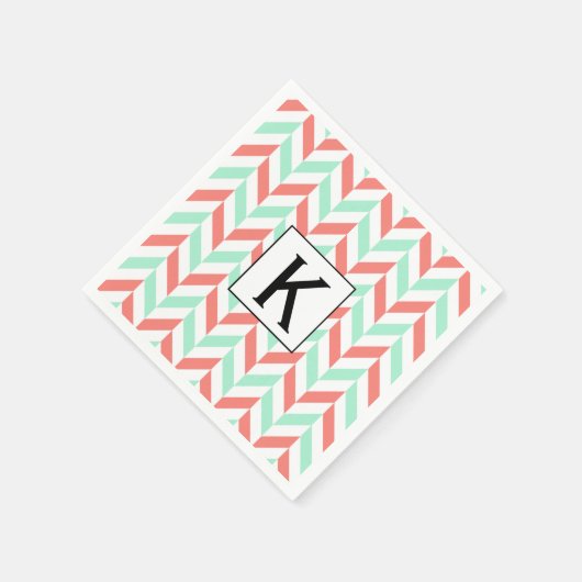 Monogram Koraal Roze en Mint Groene Herringbone Servetten (Hoek)