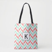 Monogram Koraal Roze en Mint Groene Herringbone Tote Bag (Voorkant)