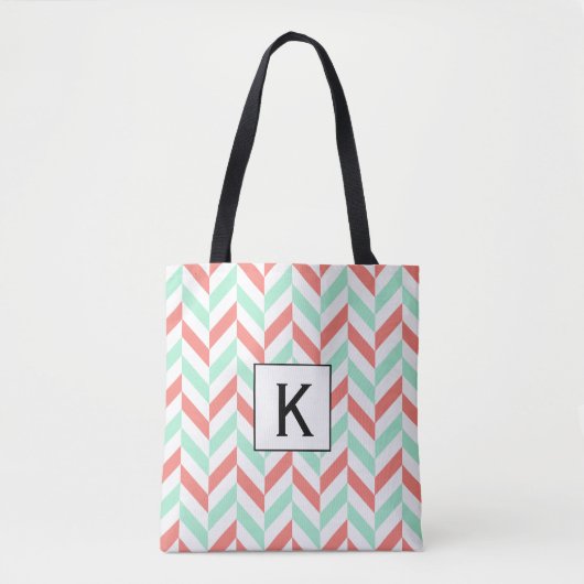 Monogram Koraal Roze en Mint Groene Herringbone Tote Bag (Voorkant)