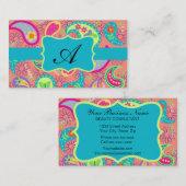 Monogram koraal Turquoise Modern Paisley Pattern Visitekaartje (Voorkant / Achterkant)