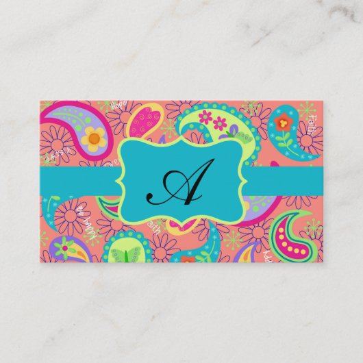 Monogram koraal Turquoise Modern Paisley Pattern Visitekaartje (Voorkant)