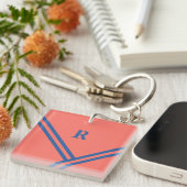 Monogram koraalblauwe strepen Trending Colors Sleutelhanger (Voorkant Rechts)