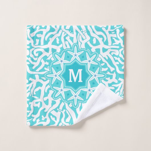 Monogram koraalrif stervis | Aqua Blue Bad Handdoek (Wasdoekje)