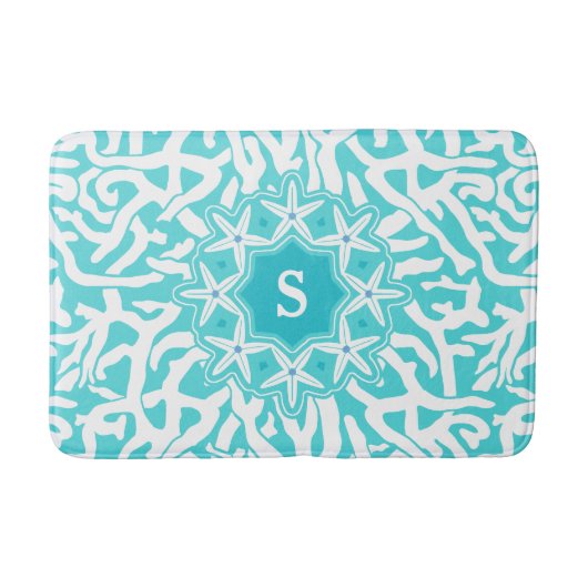 Monogram koraalrif stervis | Aqua Blue Badmat (Voorkant)