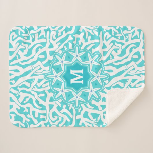 Monogram koraalrif stervis | Aqua Blue Sherpa Deken (Voorkant (horizontaal))