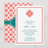 Monogram koraalroze en Blauwgroen kwartrefolierwed Kaart (Voorkant / Achterkant)