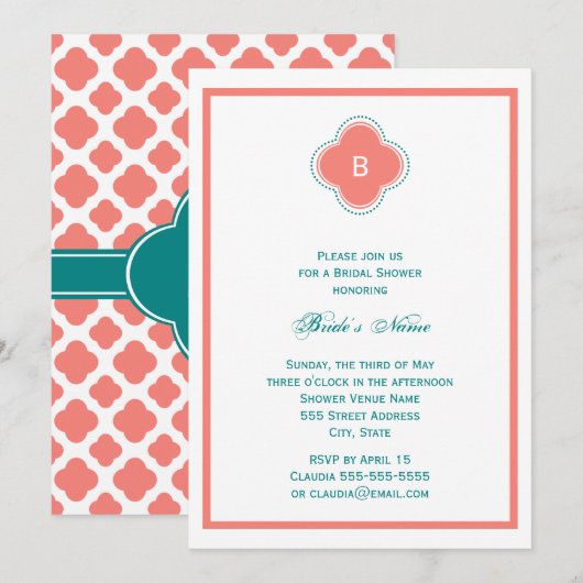 Monogram koraalroze en Blauwgroen kwartrefolierwed Kaart (Voorkant / Achterkant)