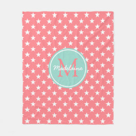 Monogram koraalroze en Cool Aqua Stars Fleece Deken