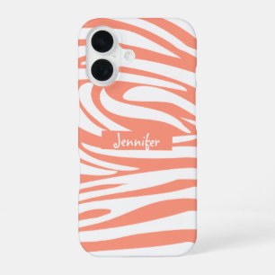 Monogram koraalroze gestreept zebrapatroon rendy iPhone 16 hoesje