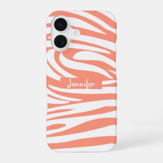 Monogram koraalroze gestreept zebrapatroon rendy iPhone 16 hoesje (Achterkant)