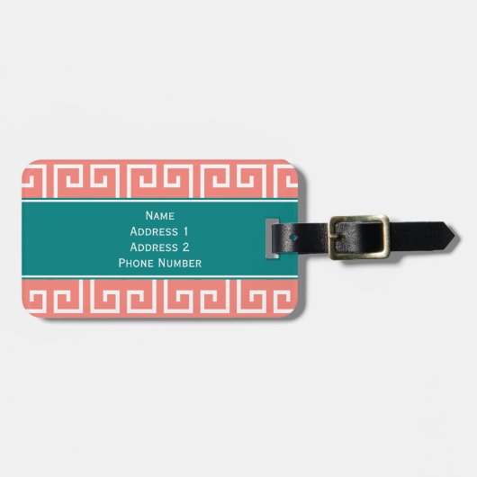 Monogram koraalroze, wit, Blauwgroen geometrisch p Bagagelabel (Voorkant horizontaal)