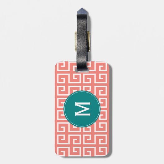Monogram koraalroze, wit, Blauwgroen geometrisch p Bagagelabel (Achterkant verticaal)