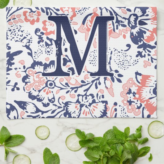 Monogram Koraalzeemacht Peach  Floral Pattern Theedoek (Gevouwen)