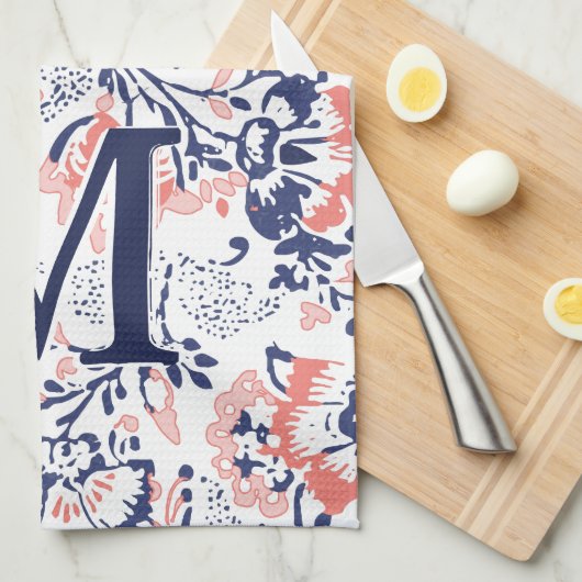 Monogram Koraalzeemacht Peach  Floral Pattern Theedoek (Quarter Fold)