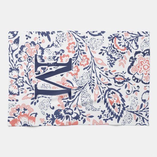 Monogram Koraalzeemacht Peach Floral Pattern Theedoek (Horizontaal)