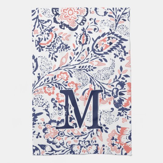 Monogram Koraalzeemacht Peach  Floral Pattern Theedoek (Verticaal)
