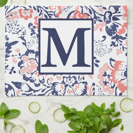 Monogram Koraalzeemacht Peach  Floral Pattern Theedoek (Gevouwen)