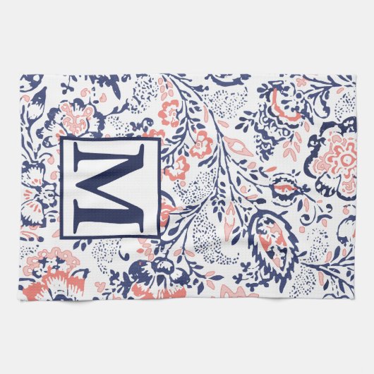 Monogram Koraalzeemacht Peach  Floral Pattern Theedoek (Horizontaal)
