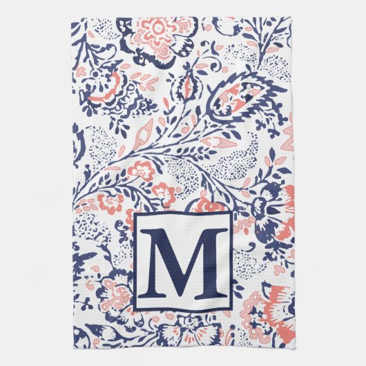 Monogram Koraalzeemacht Peach  Floral Pattern Theedoek (Verticaal)