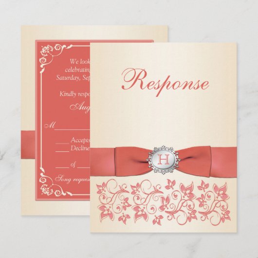 Monogram Korallen Champagne Bloemen Bruiloft RSVP Kaartje (Voorkant / Achterkant)
