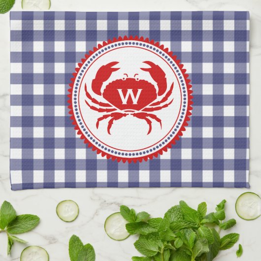Monogram krab & Blue Gingham Kitchen Towel Theedoek (Gevouwen)