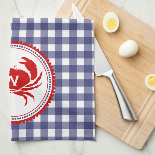 Monogram krab & Blue Gingham Kitchen Towel Theedoek (Quarter Fold)