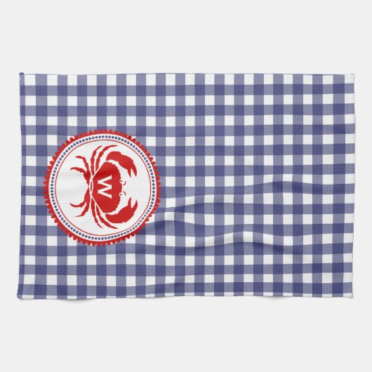 Monogram krab & Blue Gingham Kitchen Towel Theedoek (Horizontaal)