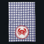 Monogram krab & Blue Gingham Kitchen Towel Theedoek<br><div class="desc">Een keukenhanddoek met een blauw gingham-ontwerp.  Personaliseer uw monogram met de afbeelding van de rode krab.</div>
