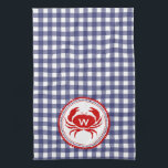 Monogram krab & Blue Gingham Kitchen Towel Theedoek<br><div class="desc">Een keukenhanddoek met een blauw gingham-ontwerp.  Personaliseer uw monogram met de afbeelding van de rode krab.</div>