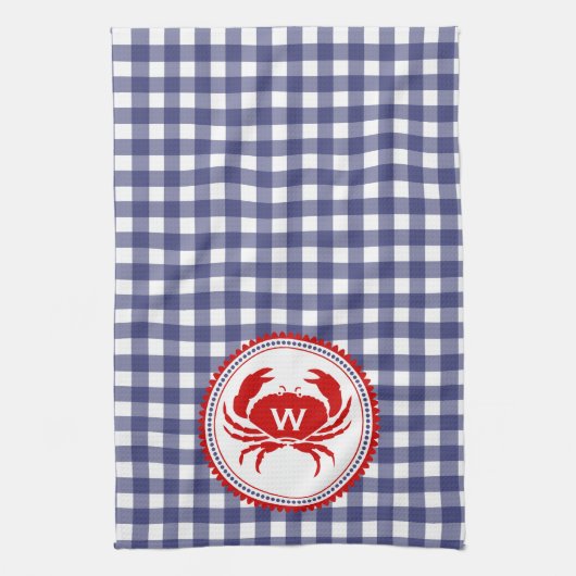Monogram krab & Blue Gingham Kitchen Towel Theedoek (Verticaal)