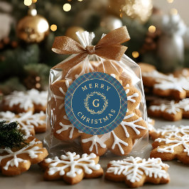 Monogram Krans Blauw Plaid Kerst Ronde Sticker