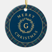  Monogram Krans Blauw Plaid Kerstfoto Keramisch Ornament (Voorkant)