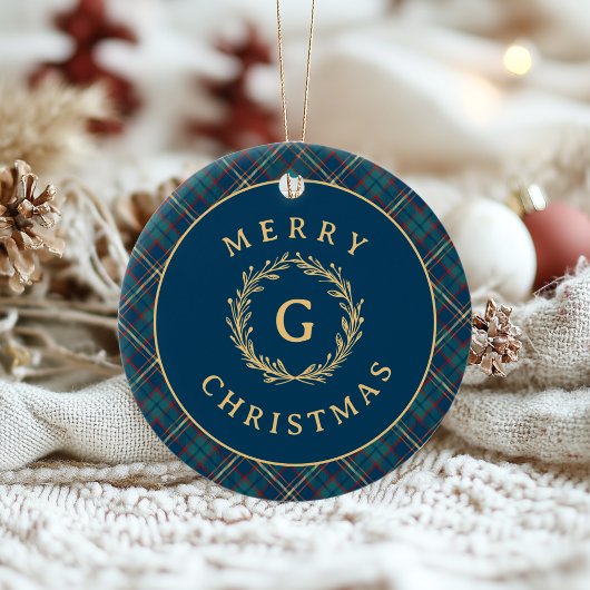  Monogram Krans Blauw Plaid Kerstfoto Keramisch Ornament