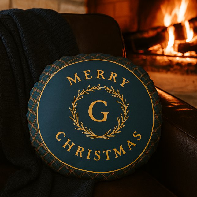  Monogram Krans Blauw Plaid Kerstfoto Rond Kussen (Creator heeft geüpload)