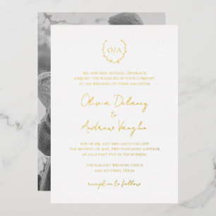 Monogram Krans Crest Foto Elegante Trouw Goud Folie Uitnodiging