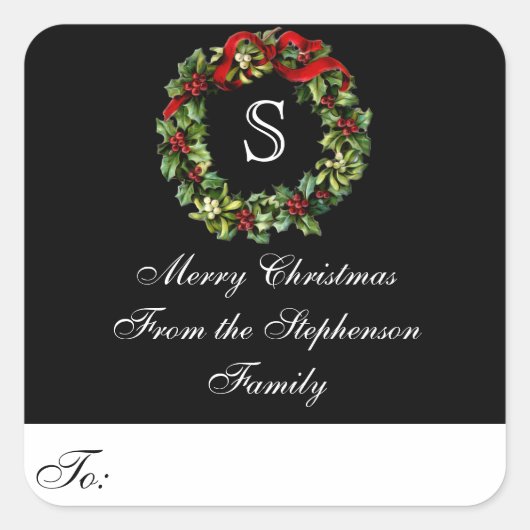 Monogram krans Custom Christmas Gift Label Label (Voorkant)