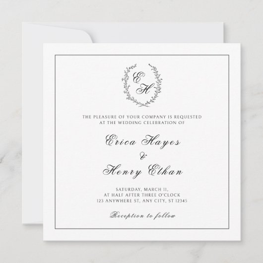 Monogram krans Elegante Vierkante Bruiloft Kaart (Voorkant)