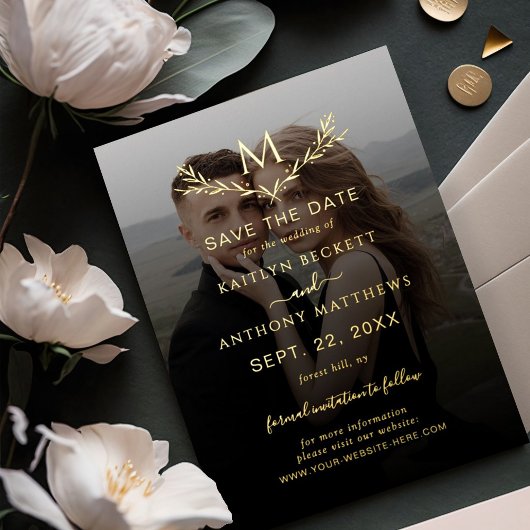Monogram Krans Huwelijksfoto Save The Date Echt Folie Uitnodiging