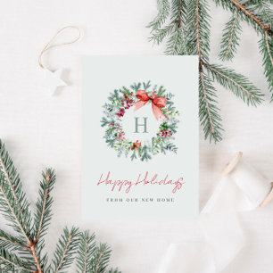 Monogram krans kerst aankondigingskaart feestdagenkaart