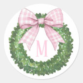 Monogram Krans met Roze Gingham Bow Ronde Sticker (Voorkant)