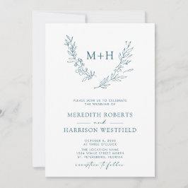 Monogram krans QR code Blauwgroen Blauw Huwelijk Kaart