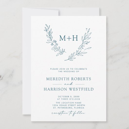 Monogram krans QR code Blauwgroen Blauw Huwelijk Kaart (Voorkant)