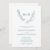 Monogram krans QR code Blauwgroen Blauw Huwelijk Kaart (Voorkant / Achterkant)