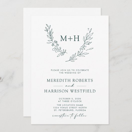 Monogram krans QR code bos groene bruiloft Kaart (Voorkant / Achterkant)