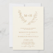 Monogram Krans QR Code Goud op Cream Wedding Kaart (Voorkant)