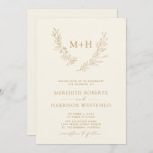 Monogram Krans QR Code Goud op Cream Wedding Kaart (Voorkant / Achterkant)