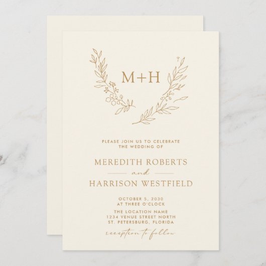 Monogram Krans QR Code Goud op Cream Wedding Kaart (Voorkant / Achterkant)